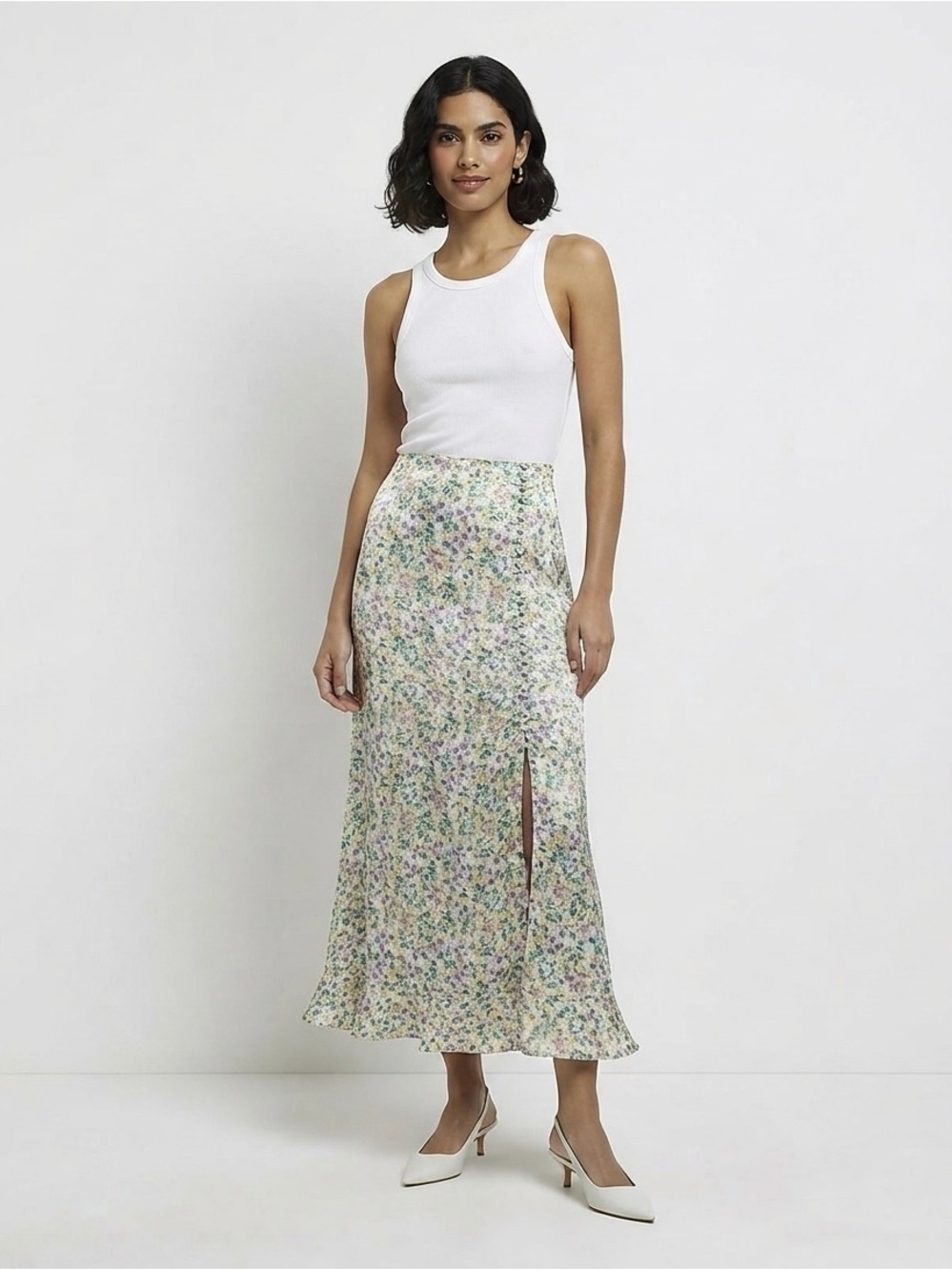 [Zara] Floral Printed Satin Midi Skirt